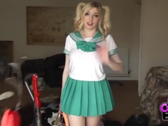 UhAnal presents: Costume babe in a miniskirt fucks a toy outdoors