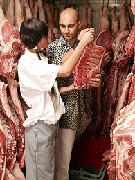 UhAnal presents: Teenage brunette gets dirty with the butcher his big meat